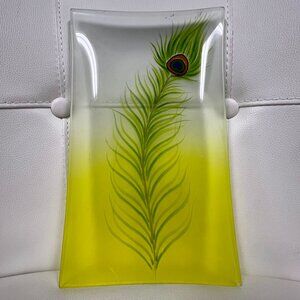 Womar Glass Hand Painted Peacock Feather Decorative Plate USA Art Dish